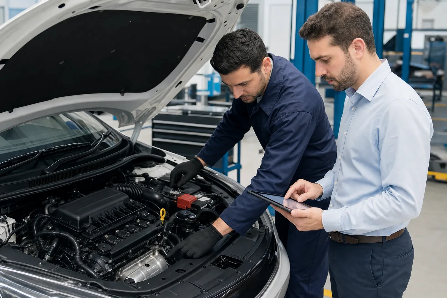 Despachante cadastrando motor de veículo em computador.