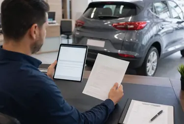 Despachante checando documentos para licenciamento de veículo.