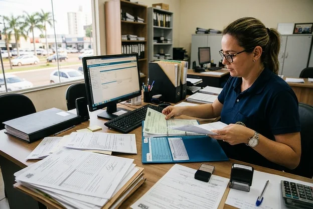 Profissional organizando documentos para transferência de veículo.