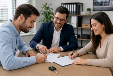 Profissional orientando um cliente durante a transferência de veículo.